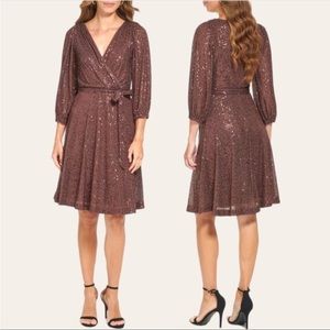 DKNY Stretch Sequin Faux Wrap Tie V-Neck Long Sleeve Dress Metallic Bronze 10